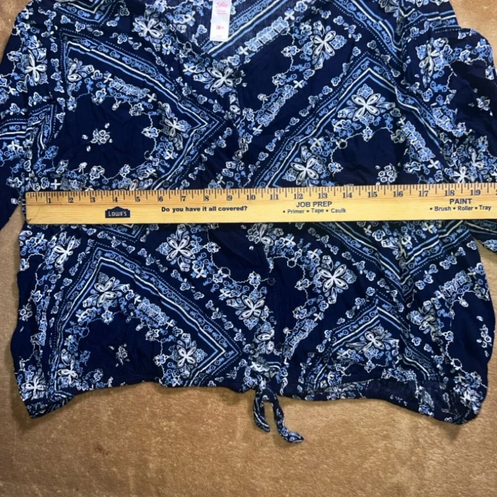 Justice Girls 18 Plus Blue Floral Long Bell Sleeve‎ Button Tie Hem Blouse Top
